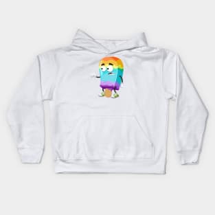 cartoon scared rainbow colors ice cream on a stick mascot in sneakers Kids Hoodie